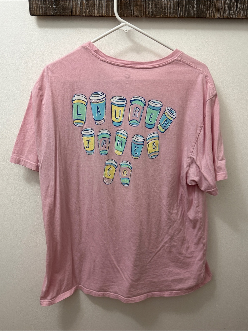 Lauren James Pink Graphic Tee with Colorful Coffee Cup Print